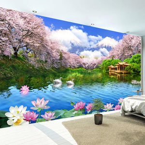 Photo Wallpaper 3D Cherry Blossom Swan Lake Landscape Murals Living Room TV Sofa Bedroom Background Wall Decor Papel De Parede