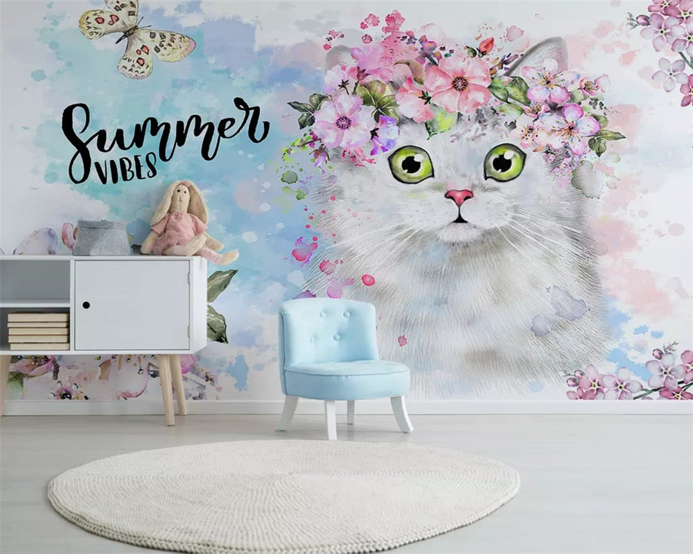 beibehang Custom fashion hand-painted watercolor cute cat dog animal pet children's room background papel de parede 3d wallpaper