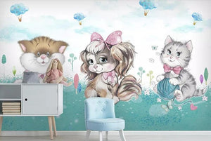 beibehang Custom fashion hand-painted watercolor cute cat dog animal pet children's room background papel de parede 3d wallpaper