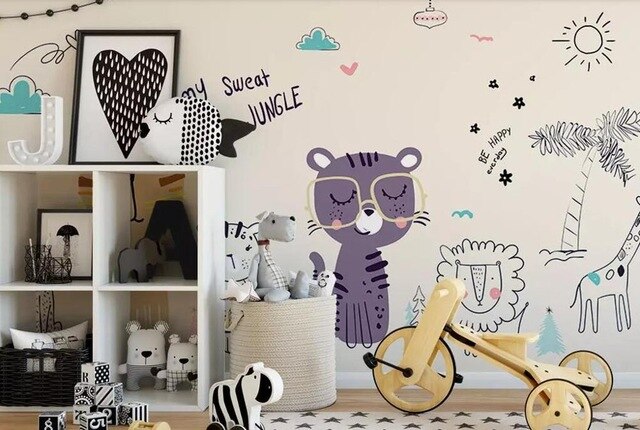 beibehang Custom fashion hand-painted watercolor cute cat dog animal pet children's room background papel de parede 3d wallpaper