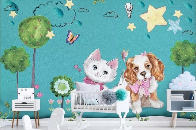 beibehang Custom fashion hand-painted watercolor cute cat dog animal pet children's room background papel de parede 3d wallpaper